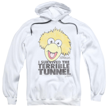White pullover hoodie with Fraggle Rock Terrible Tunnel graphic