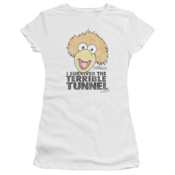 White juniors t-shirt with Fraggle Rock Terrible Tunnel graphic