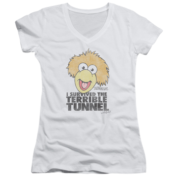 White juniors v-neck t-shirt with Fraggle Rock Terrible Tunnel graphic