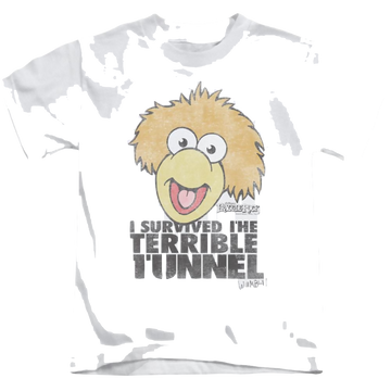 White kid's t-shirt for ages 4 to 7 with Fraggle Rock Terrible Tunnel graphic