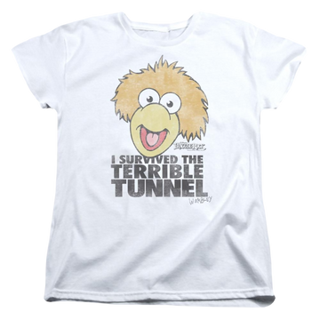 White women's t-shirt with Fraggle Rock Terrible Tunnel graphic