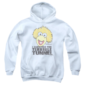 White youth hoodie for ages 8 to 12 with Fraggle Rock Terrible Tunnel graphic