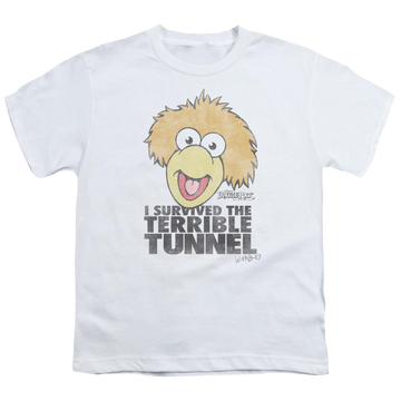 White youth t-shirt for ages 8 to 12 with Fraggle Rock Terrible Tunnel graphic