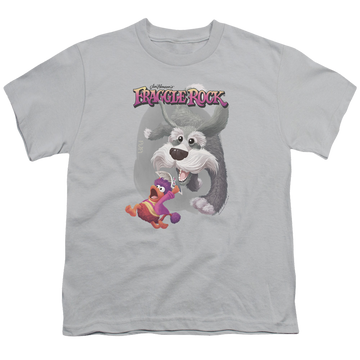 Silver youth t-shirt for ages 8 to 12 with Fraggle Rock In Pursuit graphic