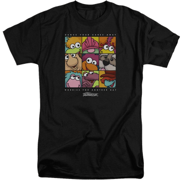 Black men's tall fit t-shirt with Fraggle Rock Squared graphic
