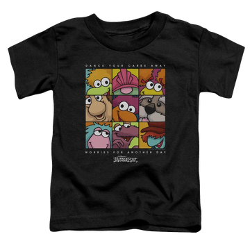 Black toddler t-shirt with Fraggle Rock Squared graphic