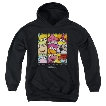 Black youth hoodie for ages 8 to 12 with Fraggle Rock Squared graphic
