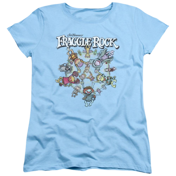 Light blue women's t-shirt with Fraggle Rock Spinning Gang graphic