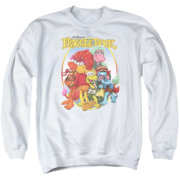 White men's crewneck sweatshirt with Fraggle Rock Group Hug graphic