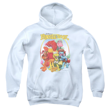 White youth hoodie for ages 8 to 12 with Fraggle Rock Group Hug graphic