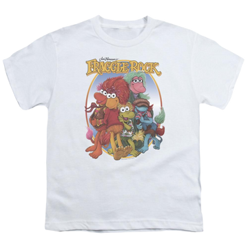 White youth t-shirt for ages 8 to 12 with Fraggle Rock Group Hug graphic