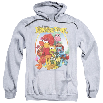 Athletic heather pullover hoodie with Fraggle Rock Group Hug graphic