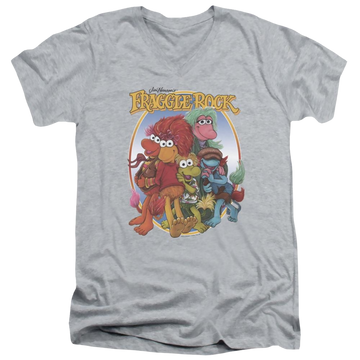 Athletic heather men's v-neck t-shirt with Fraggle Rock Group Hug graphic