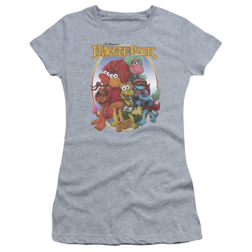 Athletic heather juniors t-shirt with Fraggle Rock Group Hug graphic