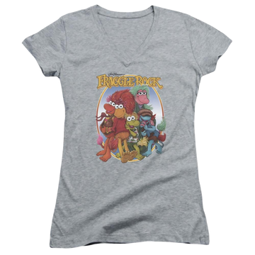 Athletic heather juniors v-neck t-shirt with Fraggle Rock Group Hug graphic