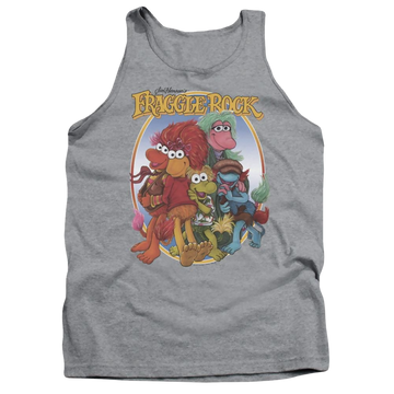 Athletic heather men's tank with Fraggle Rock Group Hug graphic