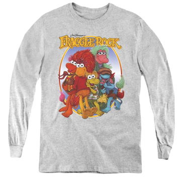 Athletic heather youth long sleeve t-shirt with Fraggle Rock Group Hug graphic