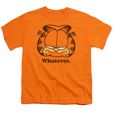 Orange youth t-shirt for ages 8 to 12 with Garfield Whatever graphic