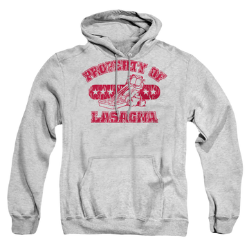 Athletic heather pullover hoodie with Garfield Property Of Lasagna graphic