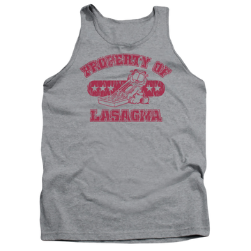 Athletic heather men's tank with Garfield Property Of Lasagna graphic