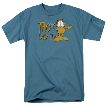 Slate men's regular fit t-shirt with Garfield They Did It graphic