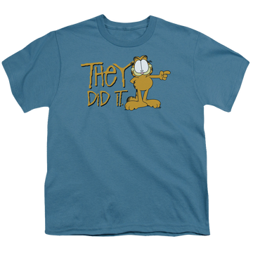 Slate youth t-shirt for ages 8 to 12 with Garfield They Did It graphic