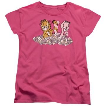 Hot pink women's t-shirt with Garfield Chicks Dig Flowers graphic