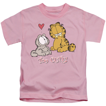 Pink kid's t-shirt for ages 4 to 7 with Garfield Too Cute graphic