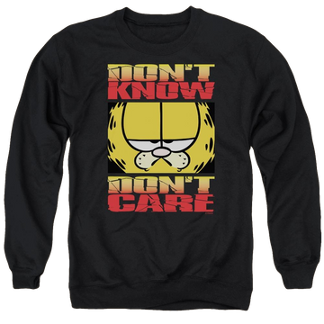 Black men's crewneck sweatshirt with Garfield Don't Know Don't Care graphic