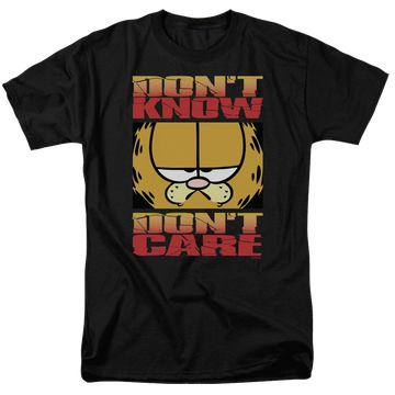 Black men's regular fit t-shirt with Garfield Dont Know Dont Care graphic