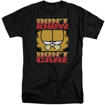 Black men's tall fit t-shirt with Garfield Dont Know Dont Care graphic