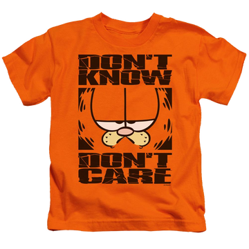Orange kid's t-shirt for ages 4 to 7 with Garfield Dont Know Dont Care graphic