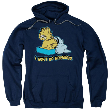 Navy pullover hoodie with Garfield I Don't Do Mornings graphic
