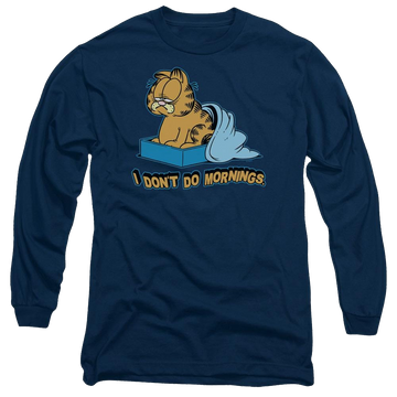Navy men's long sleeve t-shirt with Garfield I Dont Do Mornings graphic