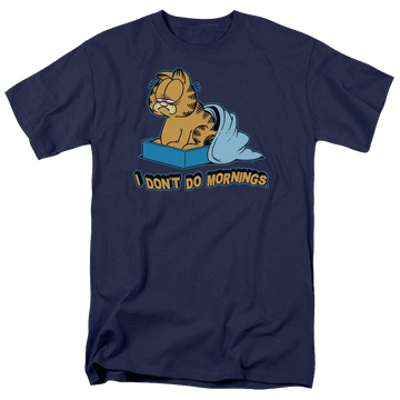 Navy men's regular fit t-shirt with Garfield I Dont Do Mornings graphic