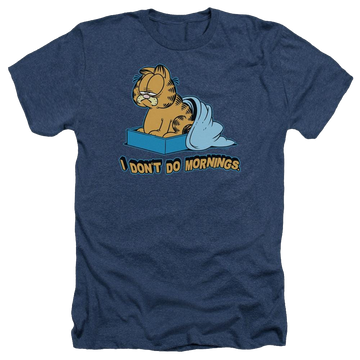 Navy men's heather t-shirt with Garfield I Dont Do Mornings graphic