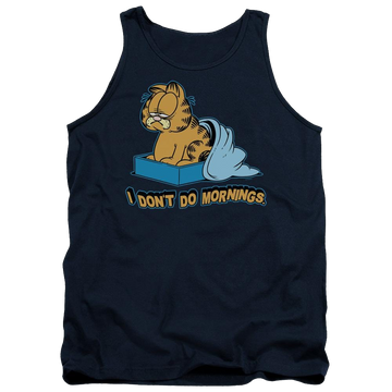 Navy men's tank with Garfield I Dont Do Mornings graphic