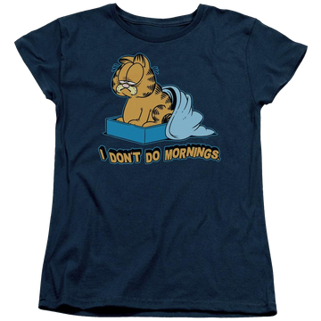 Navy women's t-shirt with Garfield I Dont Do Mornings graphic