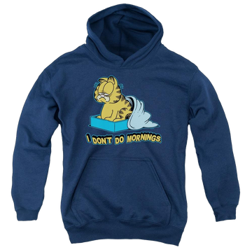 Navy youth hoodie for ages 8 to 12 with Garfield I Dont Do Mornings graphic