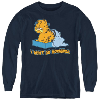 Navy youth long sleeve t-shirt with Garfield I Dont Do Mornings graphic