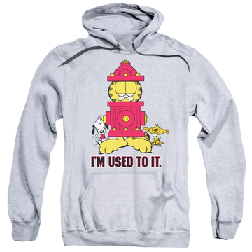 Athletic heather pullover hoodie with Garfield Im Used To It graphic