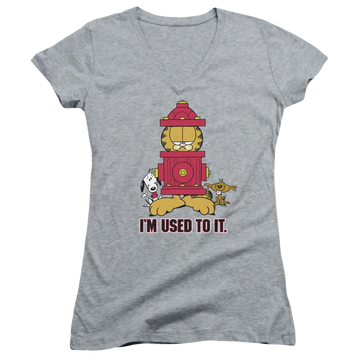 Athletic heather juniors v-neck t-shirt with Garfield Im Used To It graphic