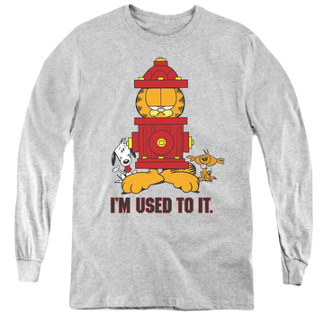 Athletic heather youth long sleeve t-shirt with Garfield Im Used To It graphic