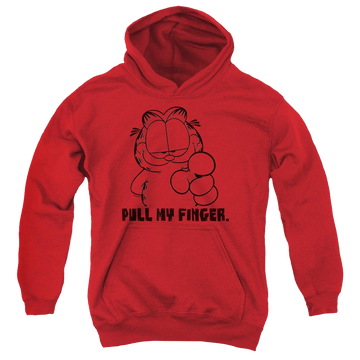 Red youth hoodie for ages 8 to 12 with Garfield Pull My Finger graphic