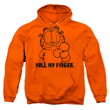 Orange pullover hoodie with Garfield Pull My Finger graphic