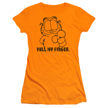 Orange juniors t-shirt with Garfield Pull My Finger graphic