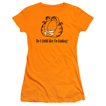 Orange juniors t-shirt with Garfield Do I Look Like Im Kidding graphic