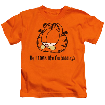 Orange kid's t-shirt for ages 4 to 7 with Garfield Do I Look Like Im Kidding graphic
