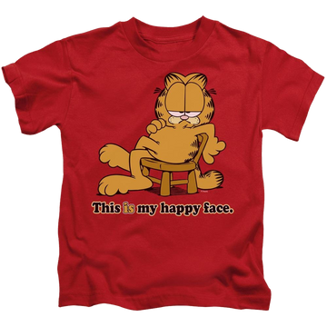 Red kid's t-shirt for ages 4 to 7 with Garfield Happy Face graphic