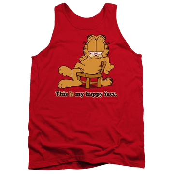 Red men's tank with Garfield Happy Face graphic
